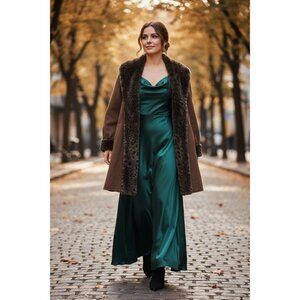 Vintage Alorna Faux Fur Trim Wool Penny Lane Coat A-Line XL Brown Retro Old Mone